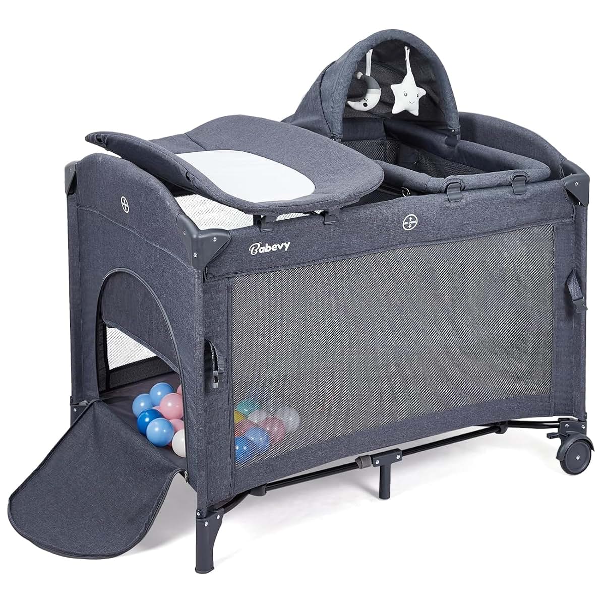 PeacefulHues 5 in 1 Pack and Play Bedside Sleeper with Bassinet, Diaper Changer & Hanging Toy, Portable Crib Nursery