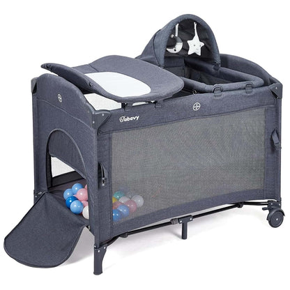 PeacefulHues 5 in 1 Pack and Play Bedside Sleeper with Bassinet, Diaper Changer & Hanging Toy, Portable Crib Nursery