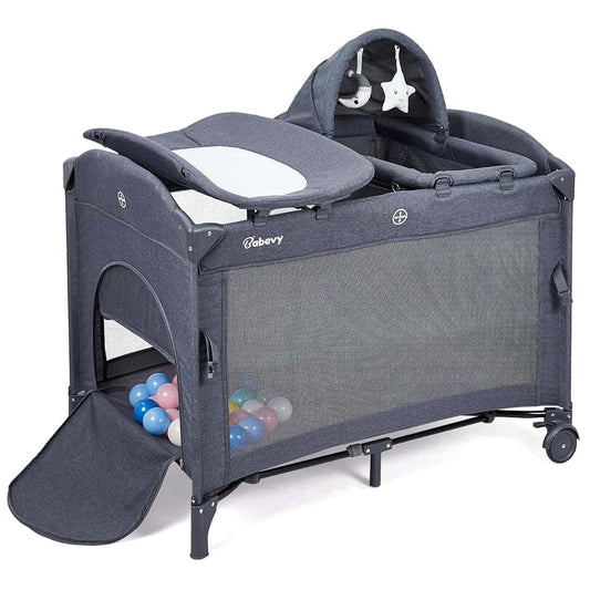 PeacefulHues 5 in 1 Pack and Play Bedside Sleeper with Bassinet, Diaper Changer & Hanging Toy, Portable Crib Nursery