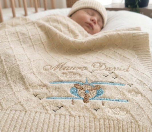 WOCONWOR Personalized Baby Name Blanket, Custom Embroidered Airplane Keepsake, Newborn Gift, Boy Infant Blanket
