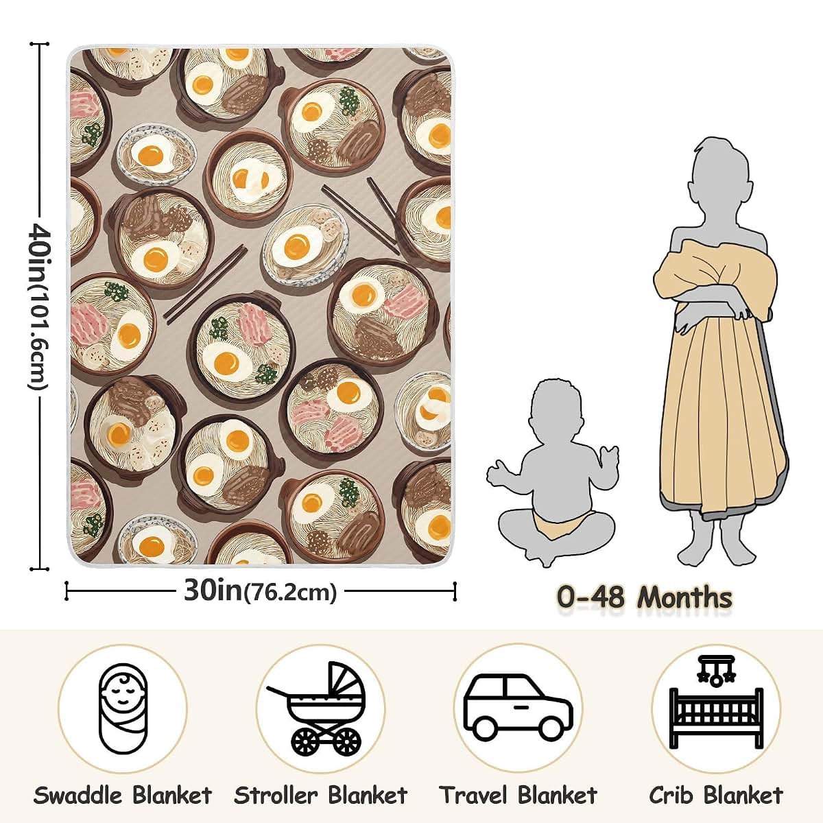 Pigsaly Baby Blanket Ramen Bowls Print 30 x 40 Inch Toddler Bedding