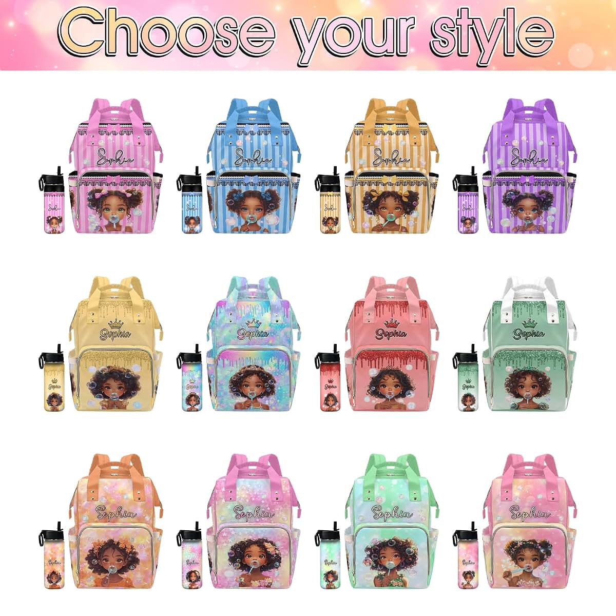 VIPOPSA Personalized Diaper Bags with Adjustable Shoulder Straps,Colorful Little Princess Pink Custom Baby Bag (photo 2)