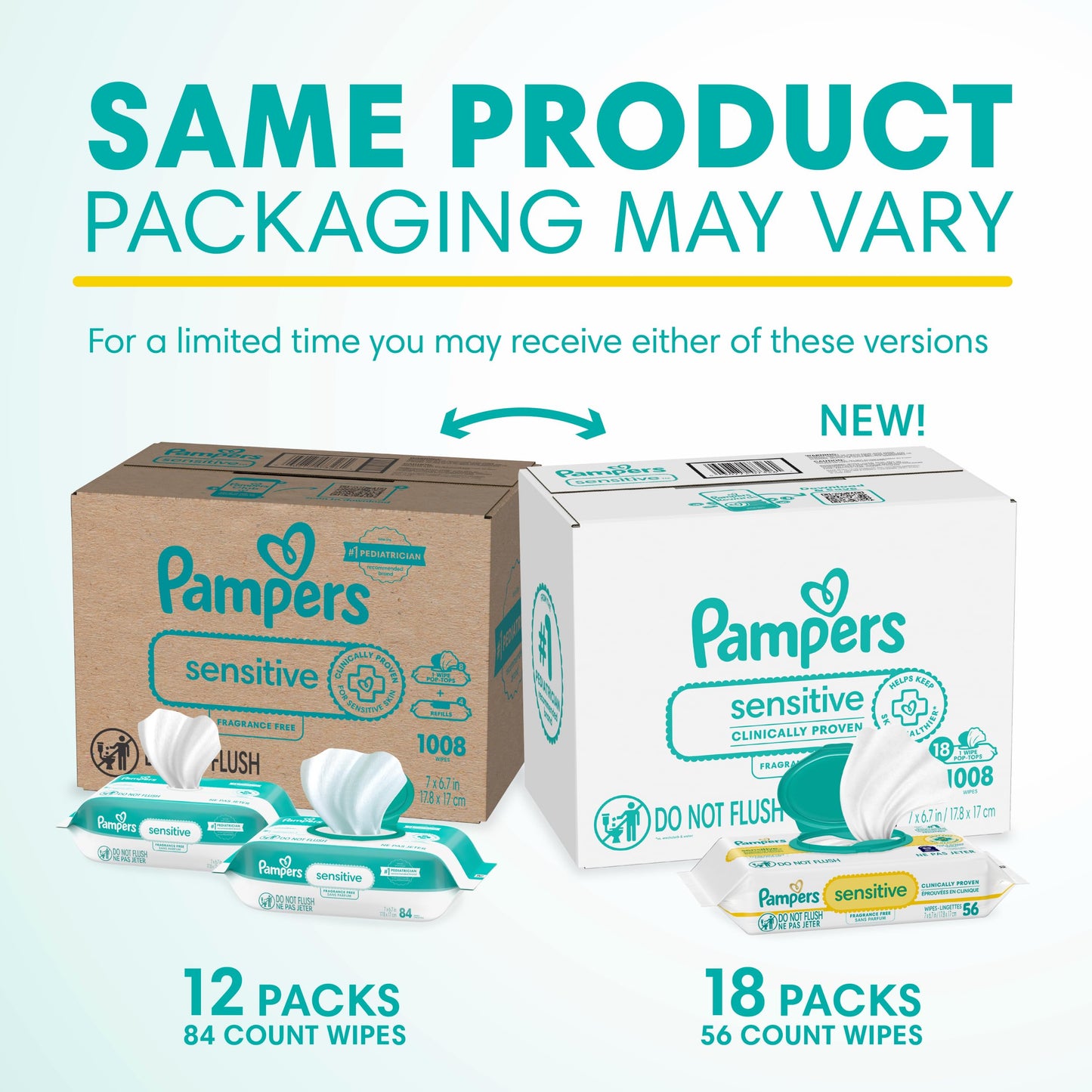Pampers Sensitive Baby Wipes, Clinically Proven, Fragrance Free, Unscented, Water Based, Hypoallergenic, Multi-Use, Hand Wipes 1008 Wipes Total (18X Flip-Top Packs) [Packaging May Vary]