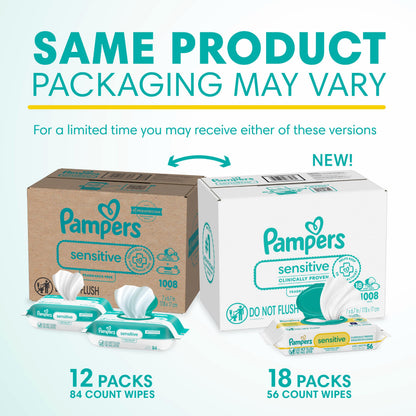 Pampers Sensitive Baby Wipes, Clinically Proven, Fragrance Free, Unscented, Water Based, Hypoallergenic, Multi-Use, Hand Wipes 1008 Wipes Total (18X Flip-Top Packs) [Packaging May Vary]