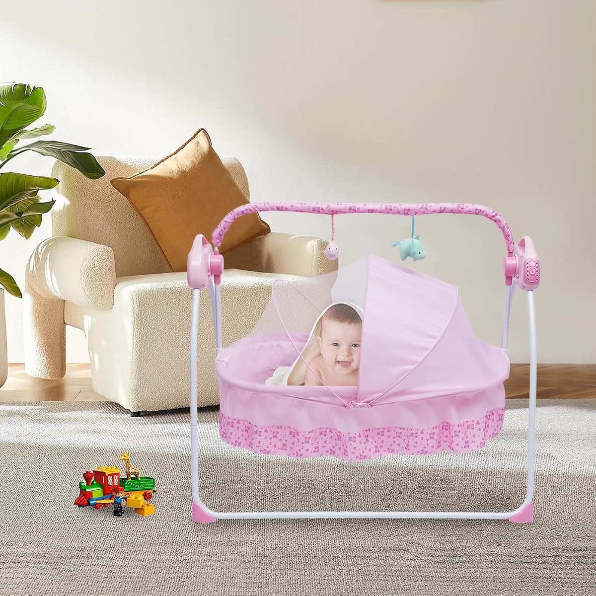 TFCFL Electric Baby Crib Cradle, 5-Speed Auto Rocking Bassinet with Timer & Controller, Pink