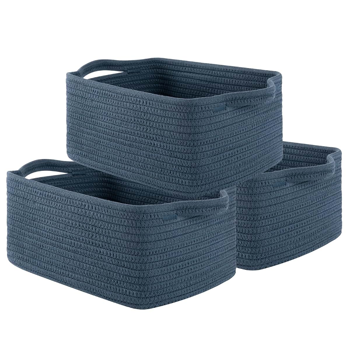 OIAHOMY 3 Pack Blue Cotton Rope Storage Baskets With Handles