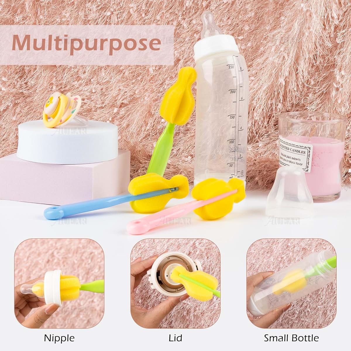 AUEAR Milk Bottle Nipple Brushes and Pacifier Sponge Cleaning Set (8 Pieces) (photo 3)