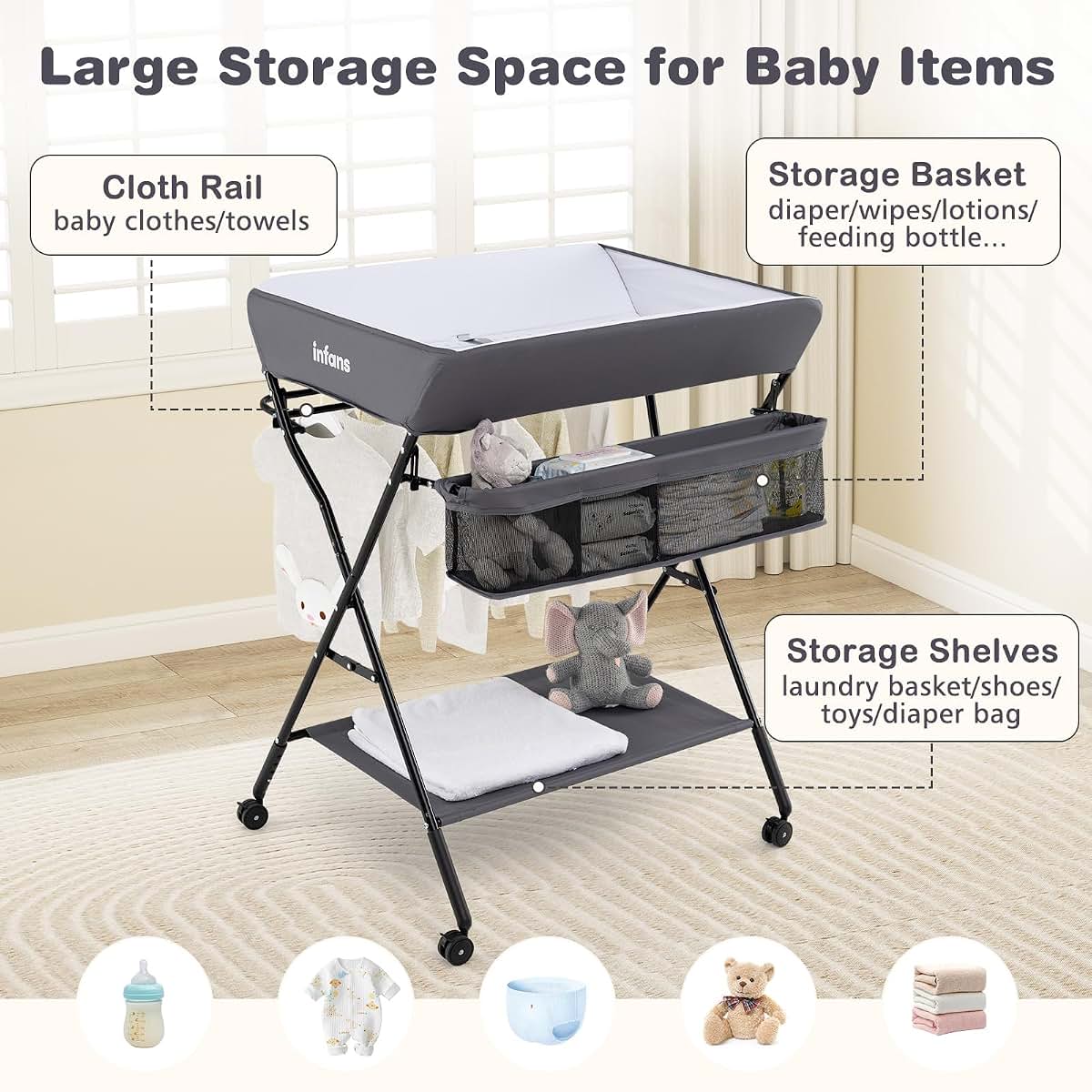 INFANS Portable Baby Changing Table with Wheels, Folding Diaper Station, Storage Basket, Adjustable Height, Gray