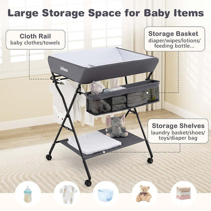 INFANS Portable Baby Changing Table with Wheels, Folding Diaper Station, Storage Basket, Adjustable Height, Gray