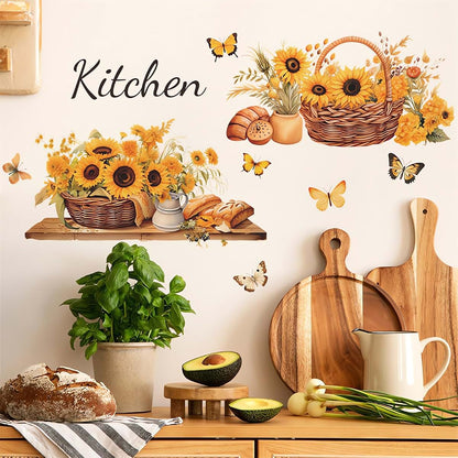Sacinora Sunflowers Butterfly Floral Wall Stickers Vinyl Art Decals for Home Decor