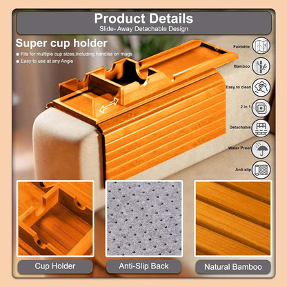 Amzeen Bamboo Couch Cup Holder Tray with Coasters