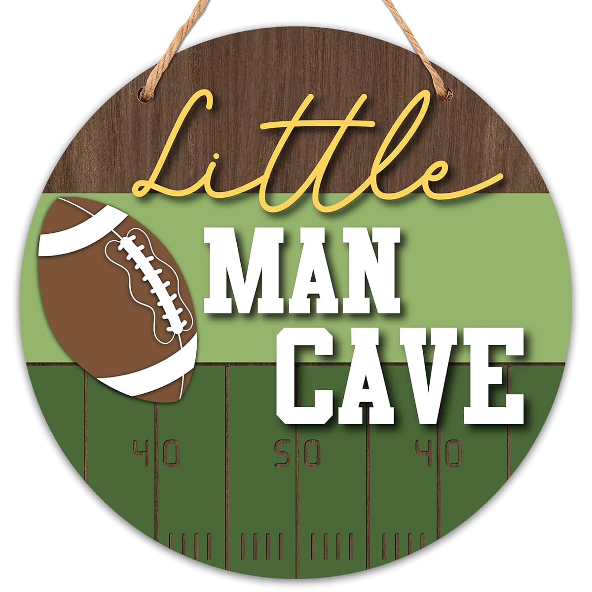 IKJH Little Man Cave Sign for Boys Baby Boy Nursery Decor Kids Room Football Door Hanger Wooden Round Wall 8" Round