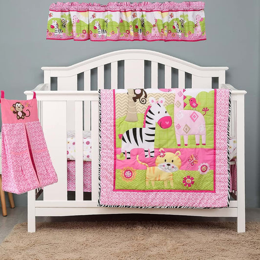 CribMATE 4 PCs Pink Animal Themed Nursery Crib Bedding Set Quilt, Fitted Sheet, Window Valance, Diaper Storage Bag Baby