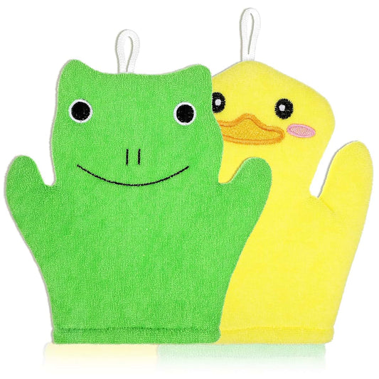 KFHENSOMR 2Pcs Baby Bath Mitt Washcloths Gloves Frog Duck Toddler Soft Washcloths for Kids Designed in Cute Animal