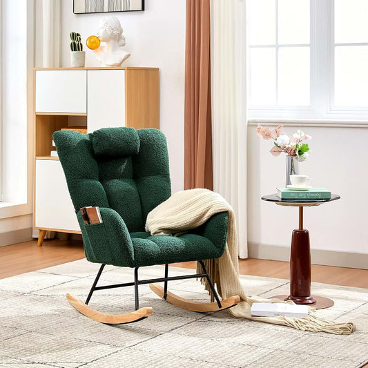 SLEKVERSA Nursery Rocking Chair,300Lb Glider Chair with Wood Legs/Two Side Pockets,Teddy Upholstered Glider Rocker with
