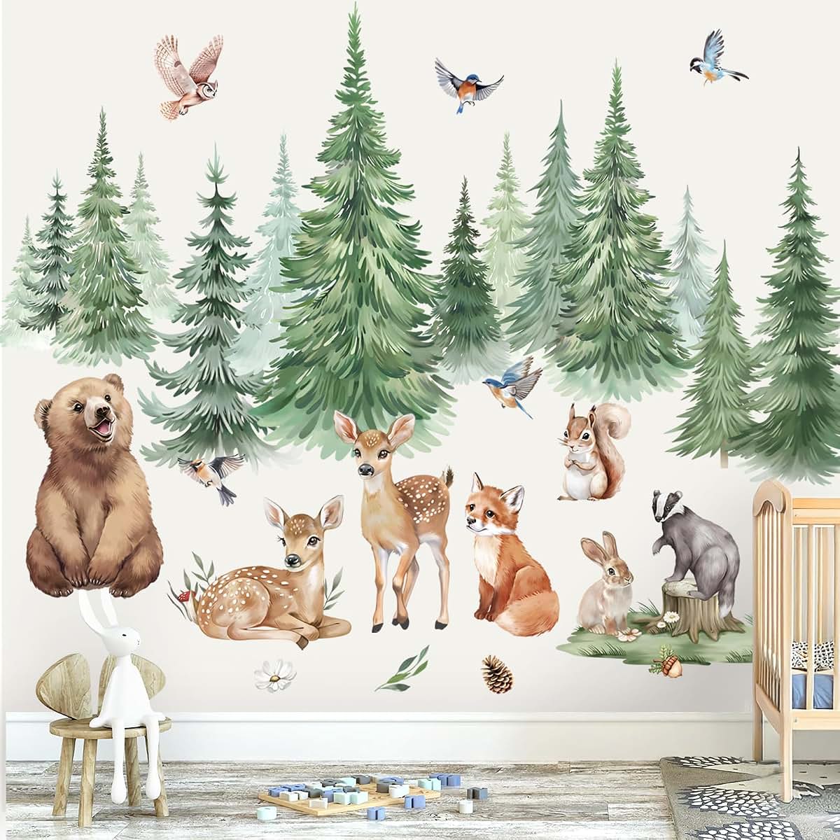 wondever Pine Tree Wall Decals Woodland Animals Bear Wall Stickers (XL)