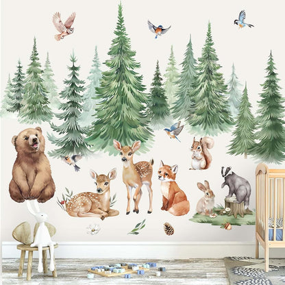 wondever Pine Tree Wall Decals Woodland Animals Bear Wall Stickers (XL)