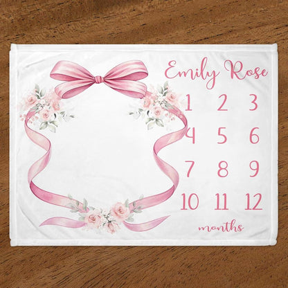 L&NG Personalized Pink Bow Floral Milestone Blanket for Baby