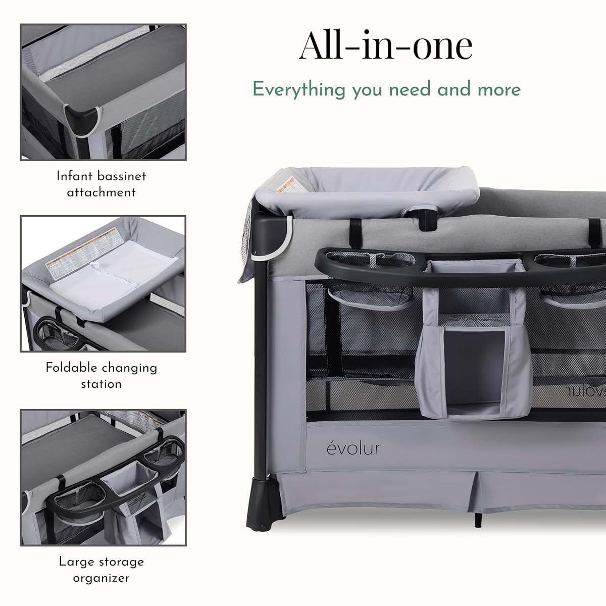 Evolur Cozy Cove All-in-One Portable Playard with Bassinet & Changing Table – Quick-Fold Travel Playard with Breathable (photo 3)