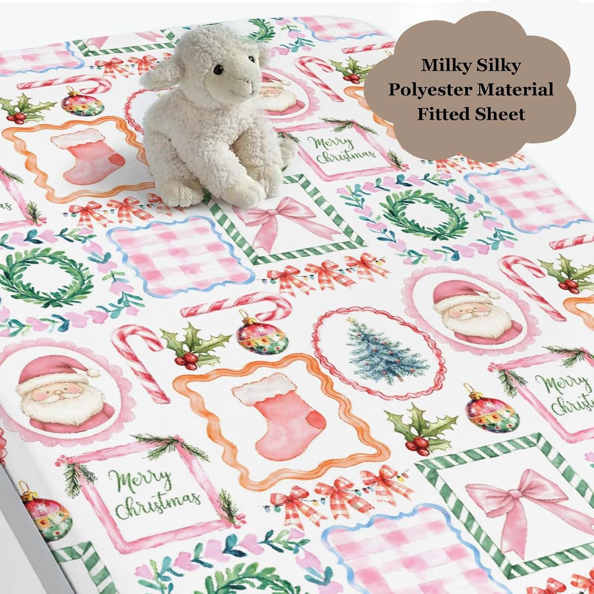 Wicbfdfv Christmas Santa Pine Trees Pink Fitted Crib Sheet 28"x52" (photo 3)