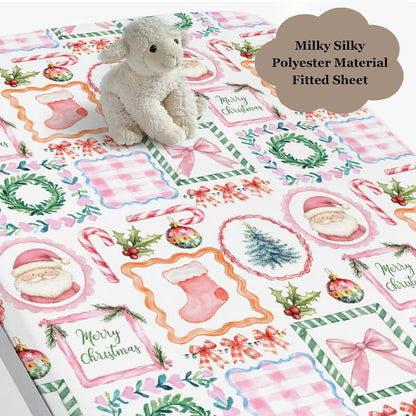 Wicbfdfv Christmas Santa Pine Trees Pink Fitted Crib Sheet 28"x52" (photo 3)