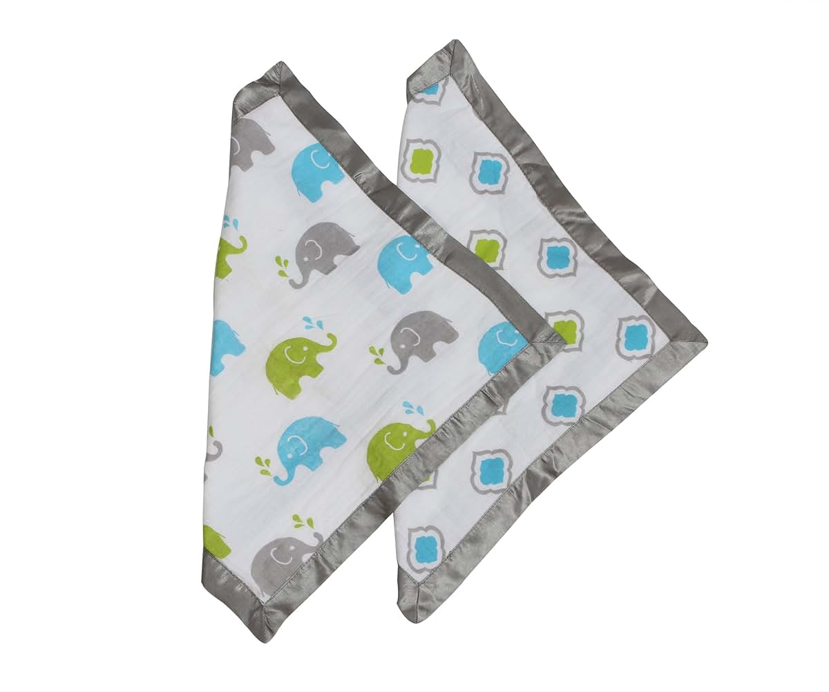 Bacati Elephants Muslin 2 Piece Security Blankets, Aqua/Lime/Grey (photo 3)