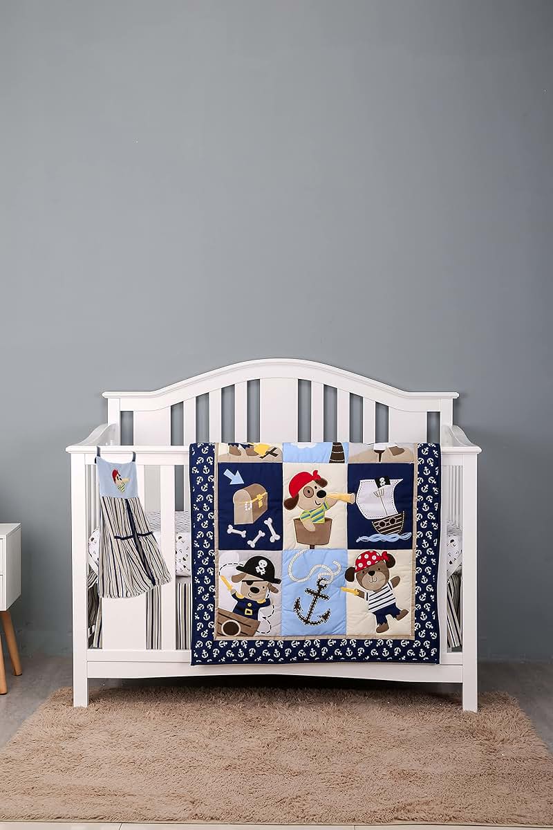 CribMATE 4-Piece Navy Blue Embroidery Pirate Nursery Crib Bedding Set