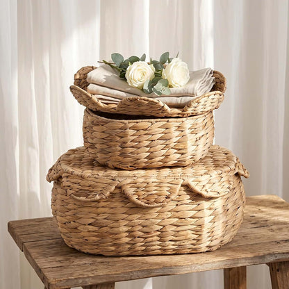 AV CONNECT Set 2 Scalloped Basket with Lids, Toy Storage Organizer, Nursery Small Bin