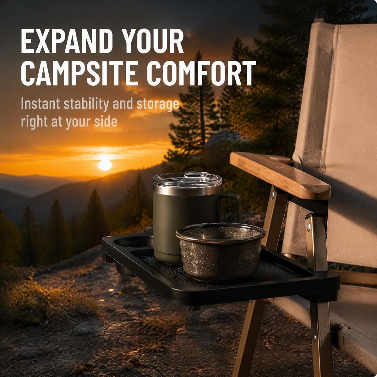 ＡＷＨＡＯ Camping Chair Cup Holder Tray Black Attachable Side Table (photo 3)
