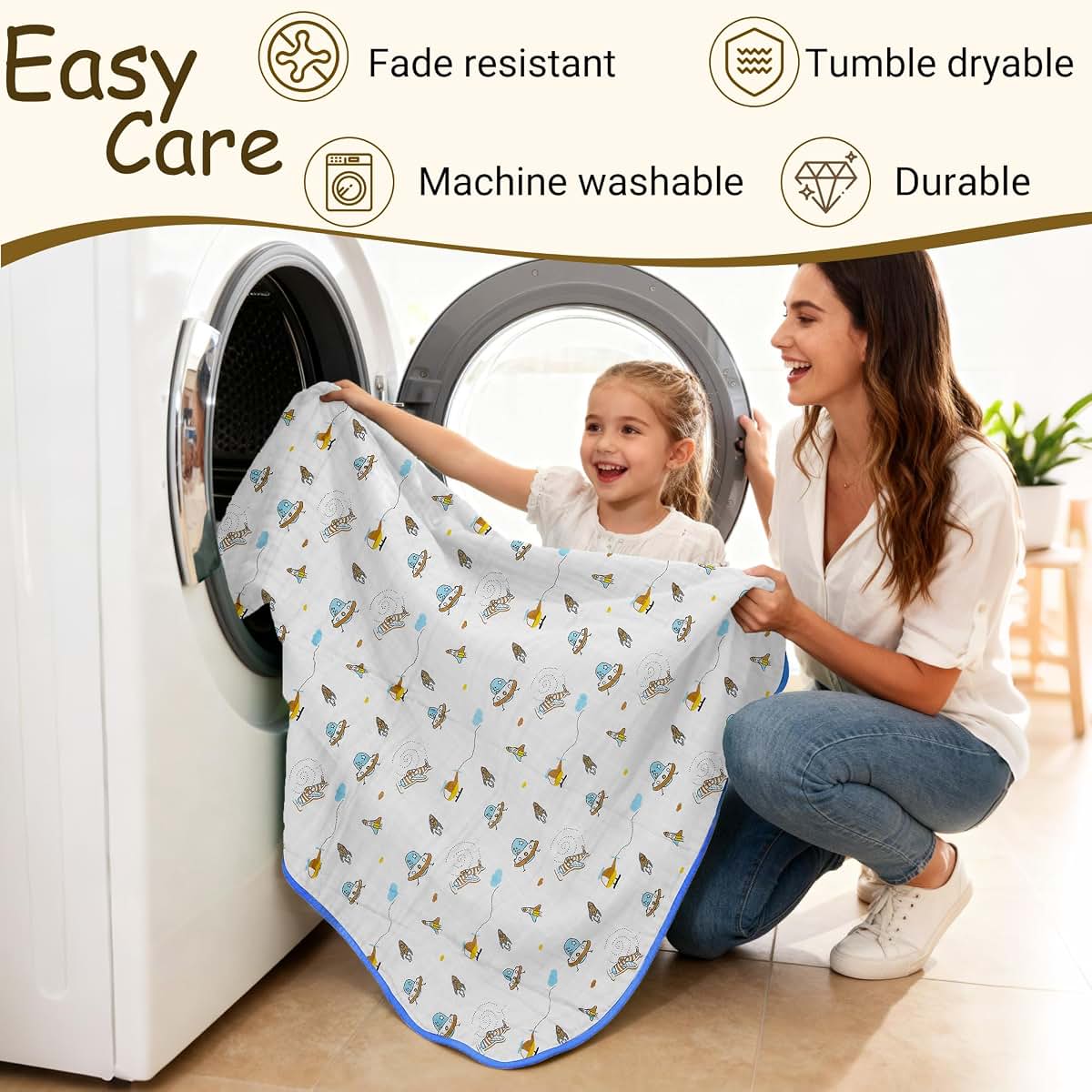 ZPECC Muslin Toddler Blanket, 47x47, 8 Layers of Organic Cotton, Spaceship (photo 4)