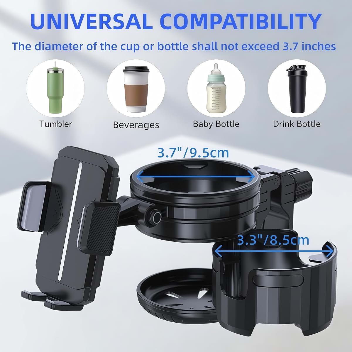 Honghauth 3-in-1 Universal Stroller Cup Holder, 360° Rotatable Phone Holder with Adjustable Single/Double Cup, Fits (photo 4)