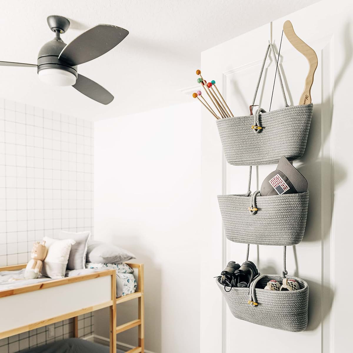OrganiHaus Over the Door Organizer with 3-Tier Woven Cotton Rope Hanging Baskets, Light Gray