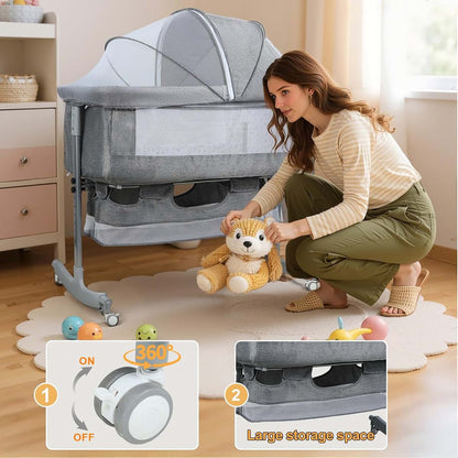toxaaiwr 3-in-1 Bedside Crib for Baby, Adjustable Height Bassinet with Wheels, Storage Basket and Mosquito Net, Grey