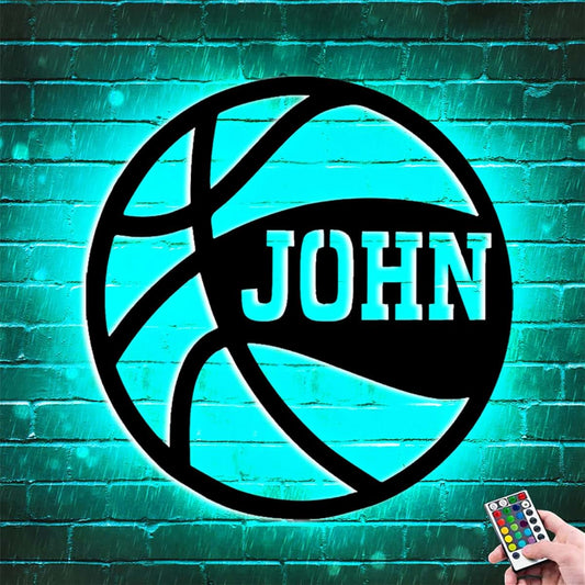 TopGlory Personalized Basketball Metal Wall Art LED Lamp - 16 Color Changing Wooden Night Light Sports Decor for Boy