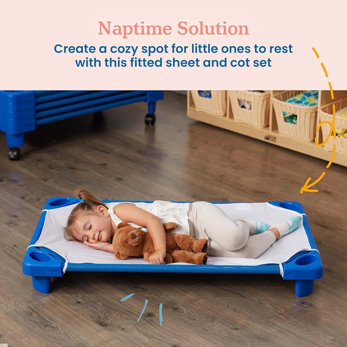 ECR4Kids Stackable Kiddie Cot with Sheet, RTA, Toddler Size, 6-Pack, Blue | Breathable mesh, GREENGUARD Gold Certified (photo 3)