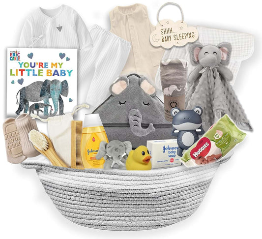 Beyond The Box New Baby Boy/Girl Gift Basket (20 Items) for a New mom Elephant Baby Gift Set. Welcome Baby Care Package