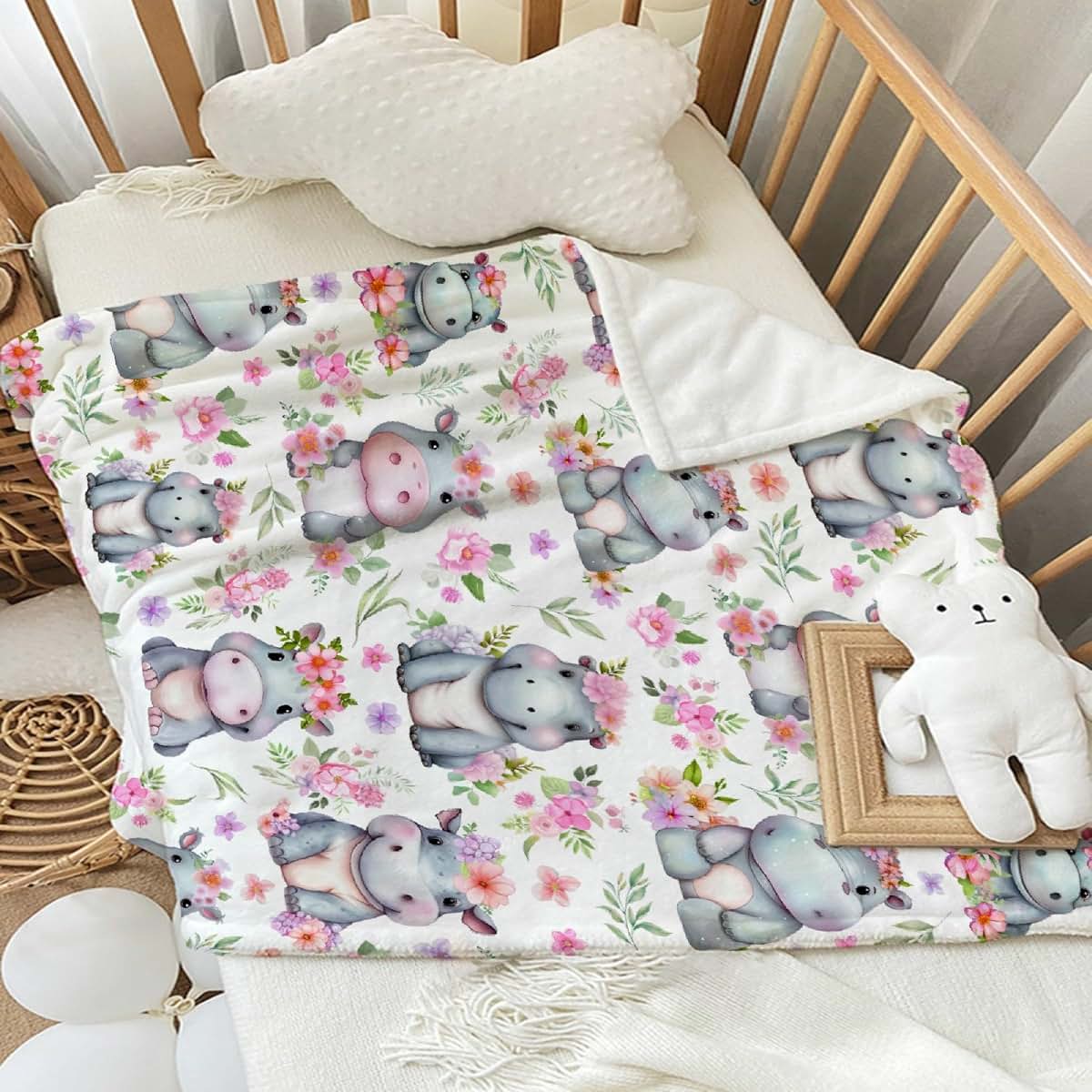 HORSESBLANKET Hippo Floral Blanket Gifts for Girls Boys, Ultra Soft Cozy Hippo Floral Blanket for Boys Girls Bedding (photo 3)