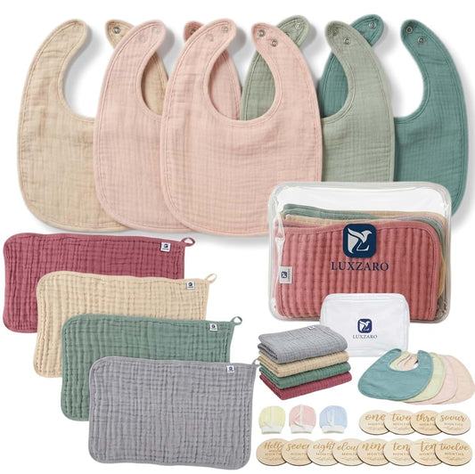 LUXZARO Baby Gift Set 4 PCS Muslin Burp Cloths, 4 PCS Bibs, 3 Pairs Anti-Scratch Mittens & 12 Wooden Monthly Milestone