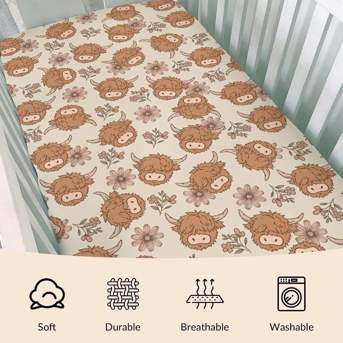 Cstdyfrv Boho Highland Cow Fitted Crib Sheet For Standard Mattresses (photo 3)