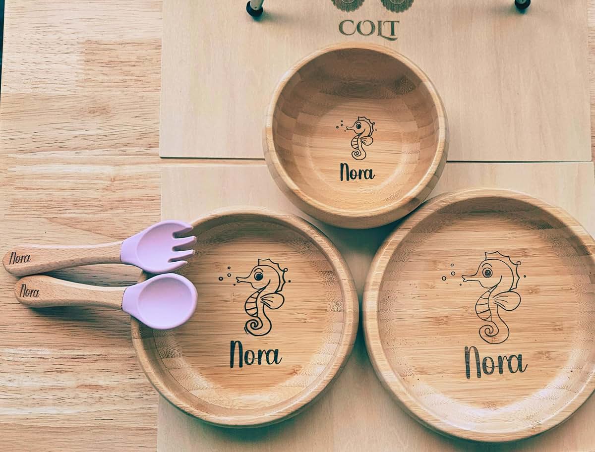 Sincerely Enzi Bamboo Suction Bowls for Baby, Wooden Toddler Bowls, 5-Pc Bowl and Utensil Feeding Set (Pink) (photo 2)