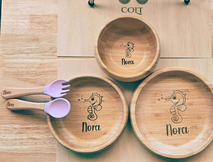 Sincerely Enzi Bamboo Suction Bowls for Baby, Wooden Toddler Bowls, 5-Pc Bowl and Utensil Feeding Set (Pink) (photo 2)