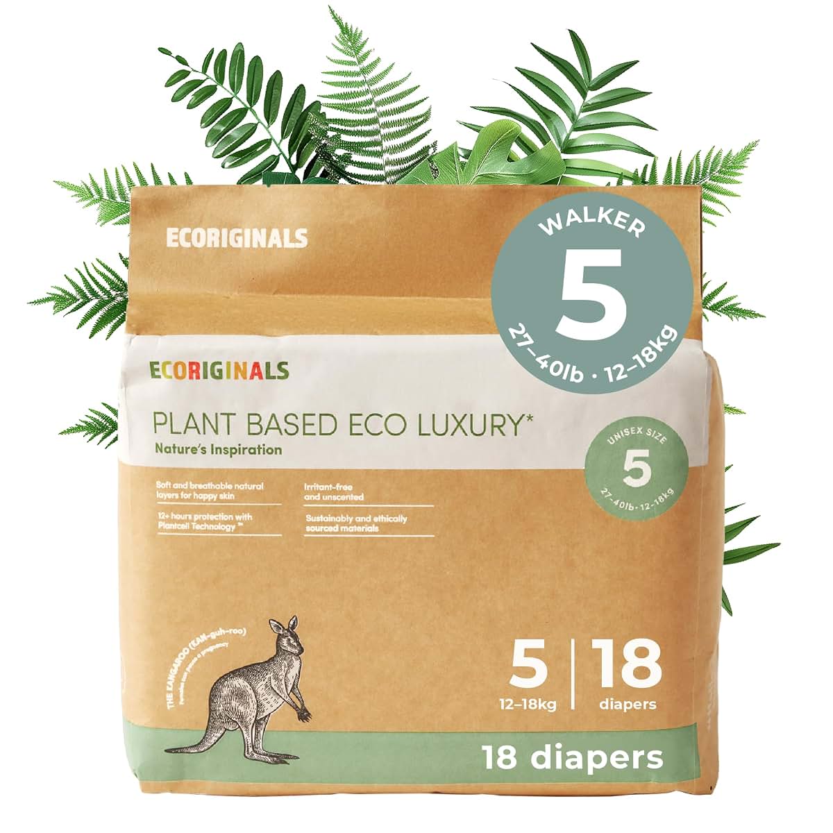 Ecoriginals Eco Walker Diapers Size 5 Plant-Based Disposable 27-40 lbs 18 Pack