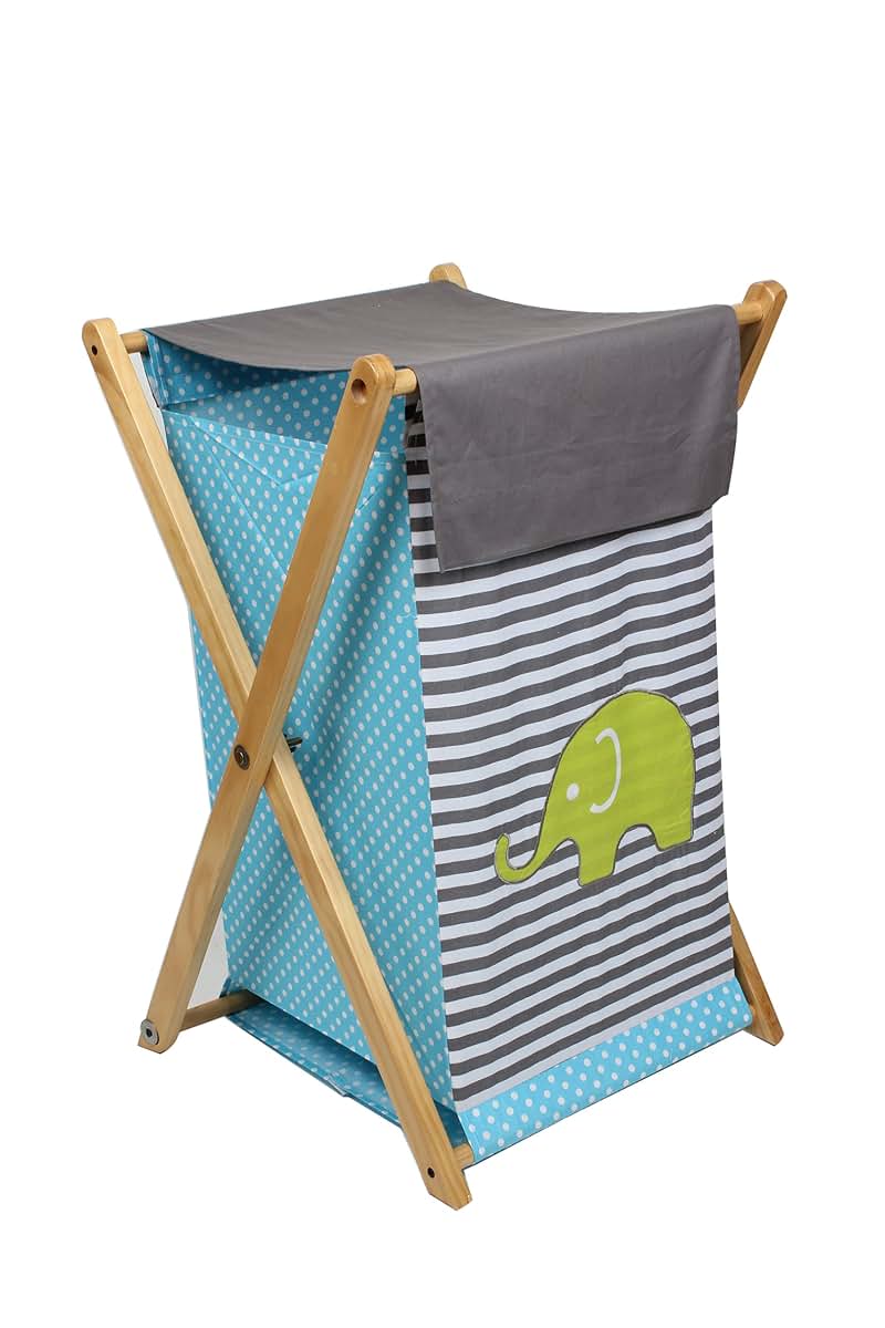 Bacati Elephants Aqua, Lime, and Grey Hamper with Natural Wood Frame