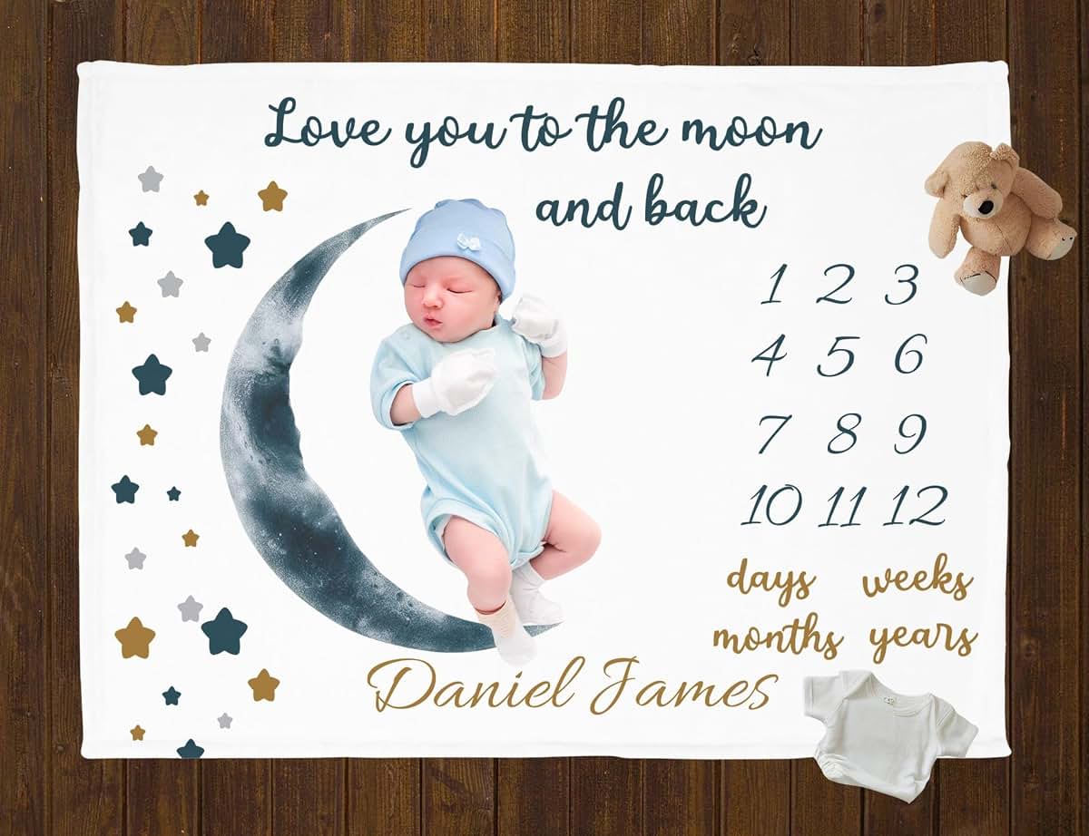 ZEBRA88 Personalized Month Milestone Baby Blanket, Moon & Stars Growth Tracker Quilt, Soft Sherpa Comforter for Infant (photo 3)