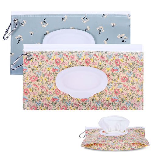 JIYIN 2 Pack Baby Wipe Container with Hook, Portable Refillable Wipe Holder Floral Pattern Reusable Travel Baby Wipes