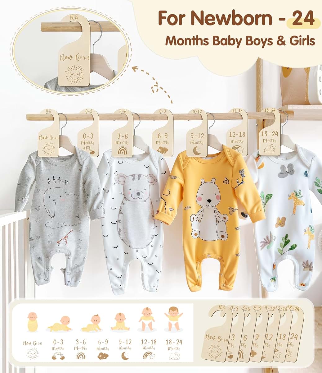 MEILIDY Double Sided Baby Closet Dividers, 7 Pcs Wooden Nursery Organizers for Newborn to 24 Months