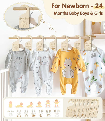 MEILIDY Double Sided Baby Closet Dividers, 7 Pcs Wooden Nursery Organizers for Newborn to 24 Months