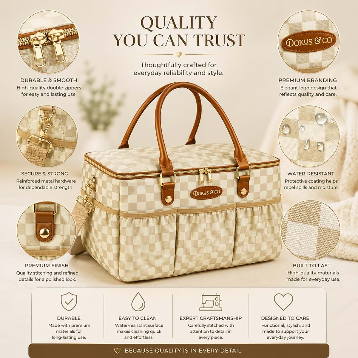 DOKUS & CO Diaper Bag Tote, Extra Large Collapsible Travel Baby Bag, Tan (photo 4)