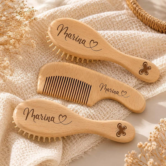 PANPANZZ Custom Engraved Name Wooden Baby Brush And Comb Set For Newborns, Personalized Baby Shower Keepsake Gift, Soft