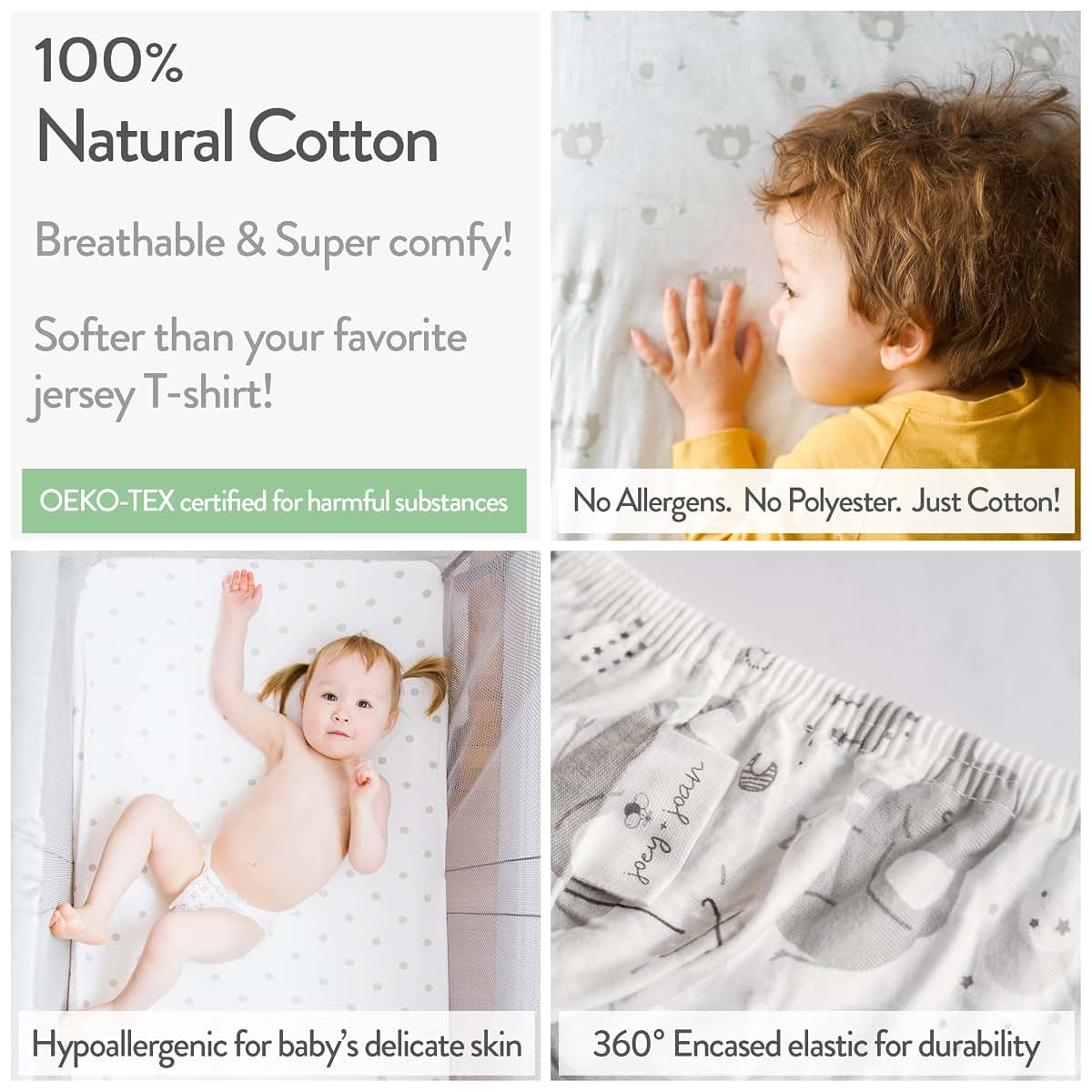 Joey & Joan Bedside Sleeper Bassinet Sheets for Milliard Side Sleeper, 21 x 36 Inch, 100% Cotton, 2 Pack, Grey and Mint